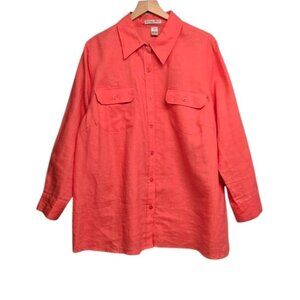 Jillian Jordan Womens Plus Size 2X Coral Pink Linen Button Up Shirt Resort Wear